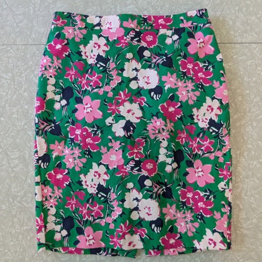 J.Crew Floral Sateen Pencil Skirt Womens 0‎ Navy Pink Green Career Preppy Chic